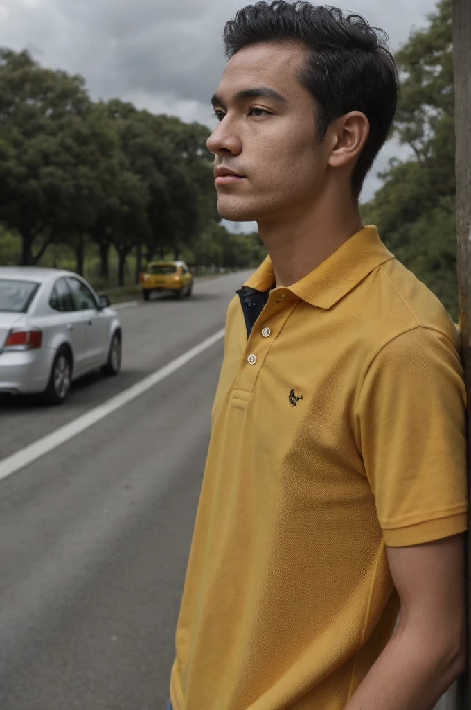 A young man in a yellow polo shirt stood on the side of the road with a serious expression., looking into the distance Turn your head slightly.,Cloudy day