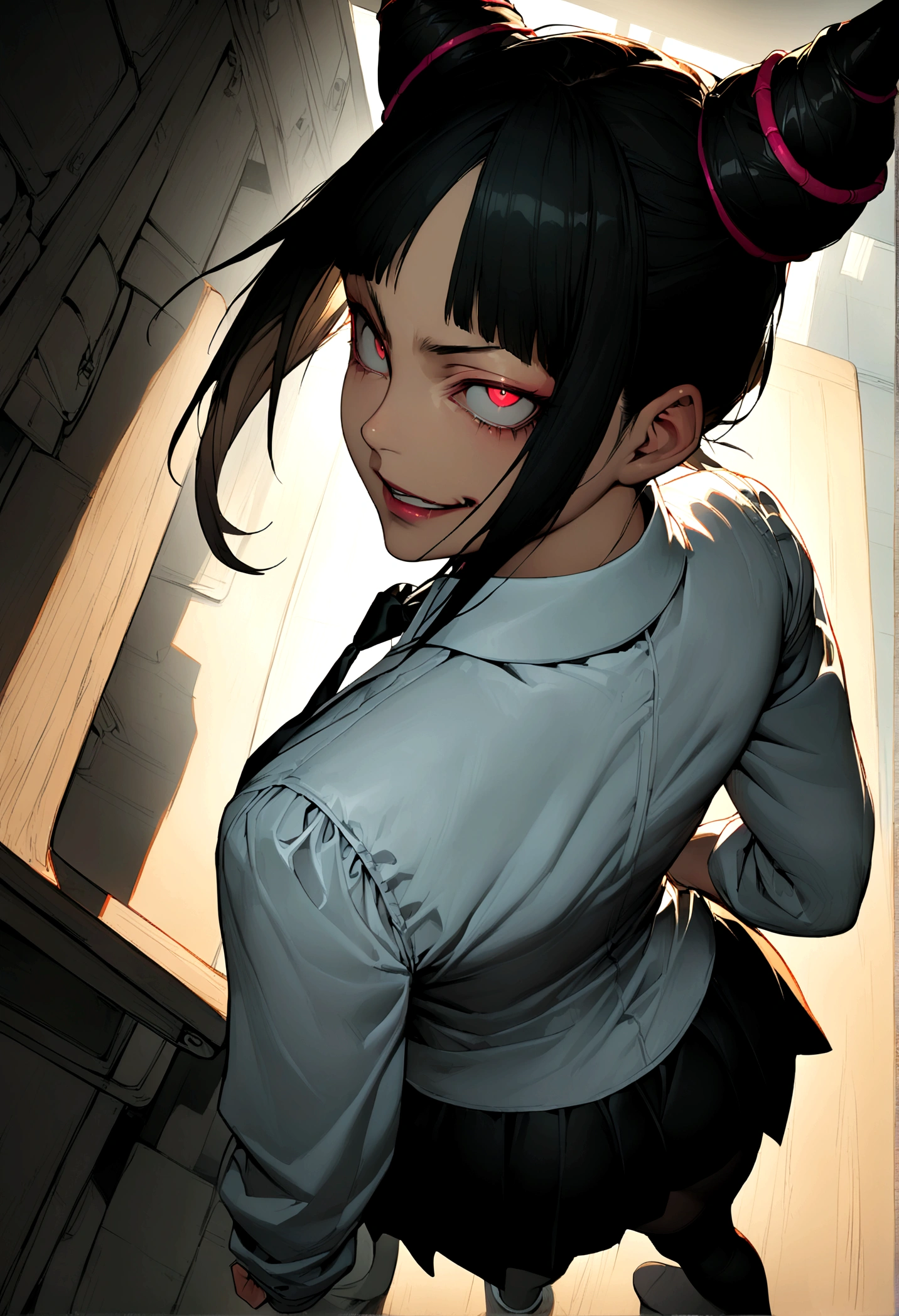 Juri Han, artwork, tight white secretary shirt with black tie, skirt short preta, skirt short,sock, Bblack hair, blackstockings,evil smile,DESK,bangs on the eyes,lighting,horn of hair,from above view,looking back,but in your pocket