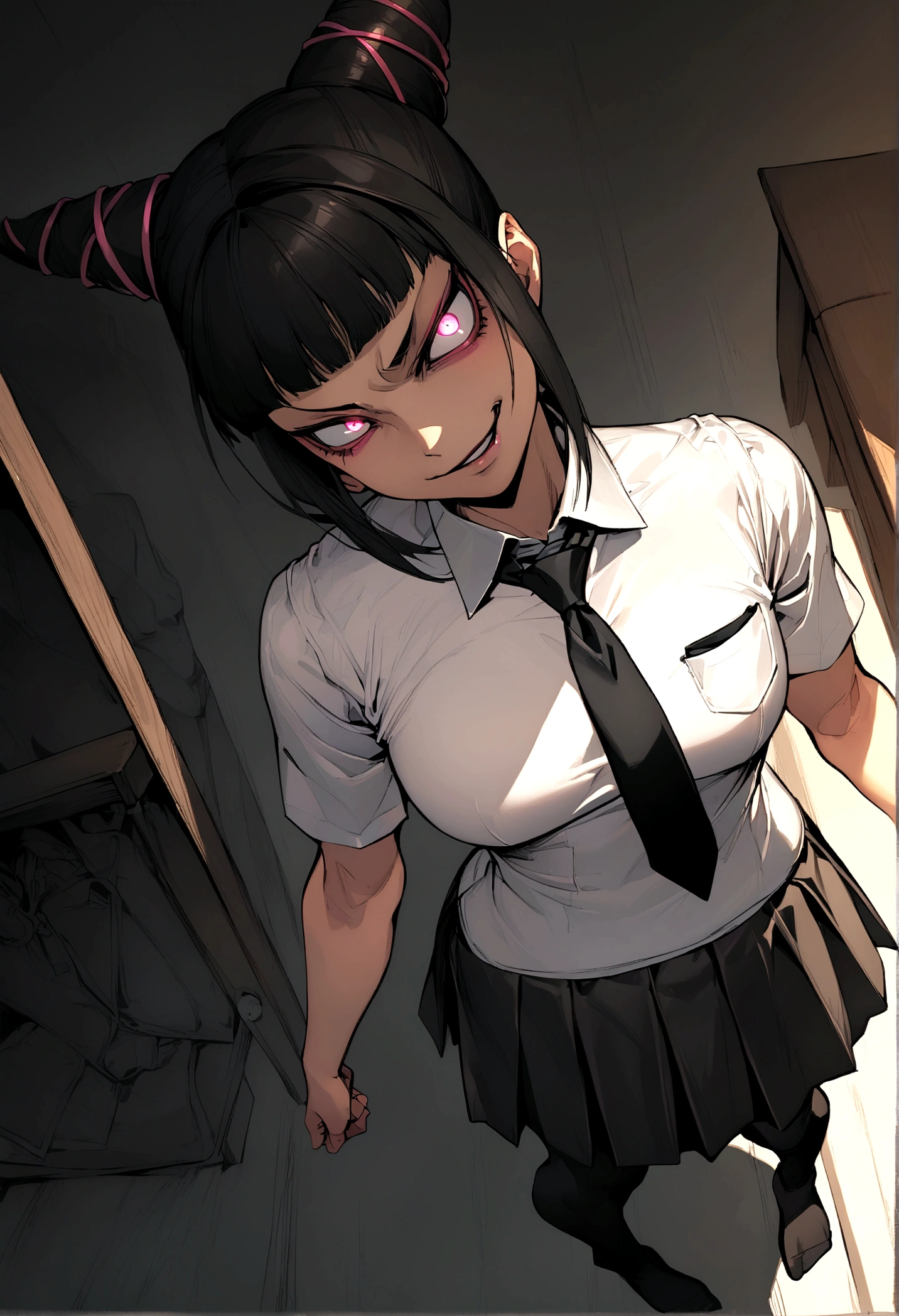 Juri Han, artwork, tight white secretary shirt with black tie, skirt short preta, skirt short,sock, Bblack hair, blackstockings,evil smile,DESK,bangs on the eyes,lighting,horn of hair,from above view,looking back,but in your pocket