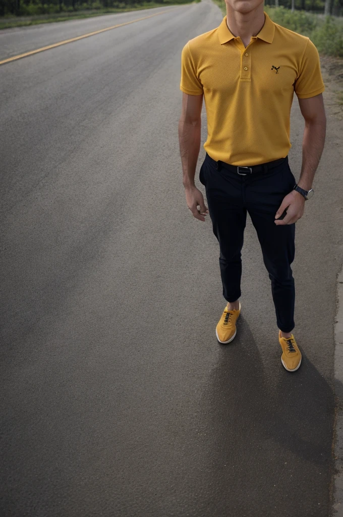 A young man in a yellow polo shirt stood on the side of the road with a serious expression., looking into the distance Turn your head slightly.,Cloudy day