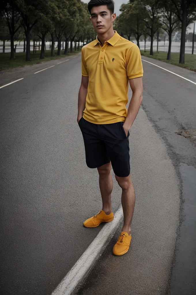 A young man in a yellow polo shirt stood on the side of the road with a serious expression., looking into the distance Turn your head slightly.，Cloudy day