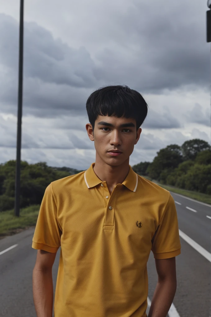 A young man in a yellow polo shirt stood on the side of the road with a serious expression., looking into the distance Turn your head slightly.,Cloudy day