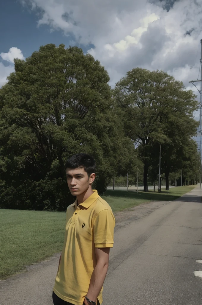 A young man in a yellow polo shirt stood on the side of the road with a serious expression., looking into the distance Turn your head slightly.，Cloudy day