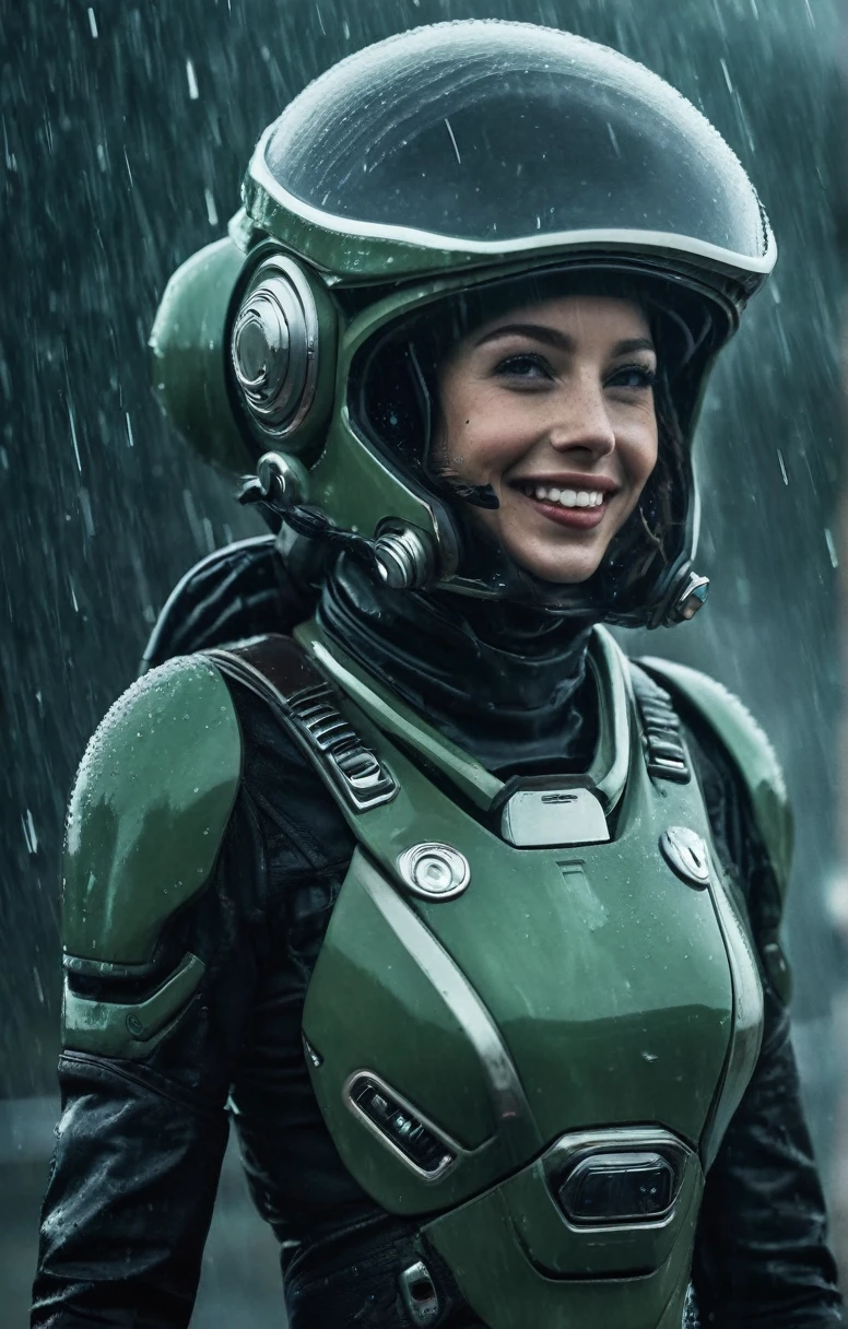 sci-fi aesthetics, a dark and moody realistic cinematic close-up shot of stunning Nicaraguan woman smile with a big smile cosmonaut wearing a spacesuit and glass dome helmet walking (with a futuristic oil refinery in the background:1.4) on ocean alien landscape where water covers the entire surface, teeming with marine life of all shapes and sizes, a heavy rain storm, aurora, detailed face, stunning beauty, detailed skin, skin texture, skin pores, (freckles:0.9), dim lit, foggy, muted colors, hazy, vintage, analog style, science fiction, star citizen cinematic lighting, film grain, imax