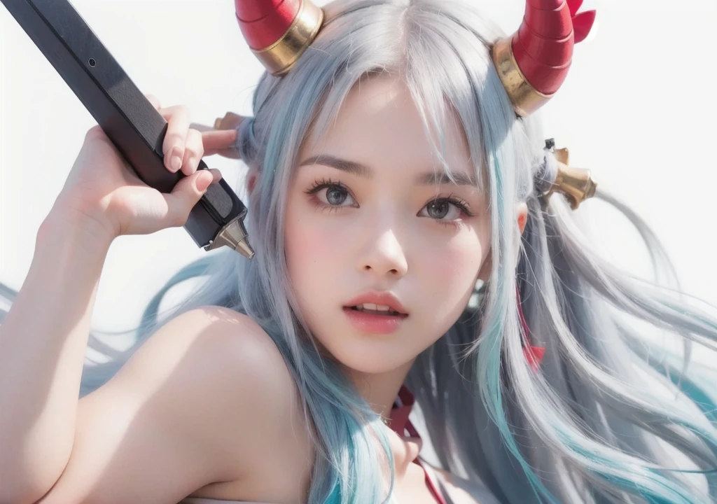 cute girl with has horns on the top of her head that are mostly red, realistic