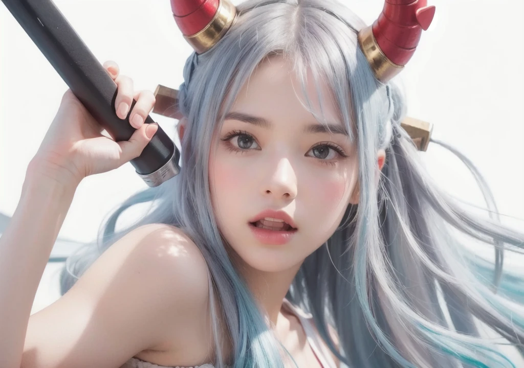 cute girl with has horns on the top of her head that are mostly red, realistic
