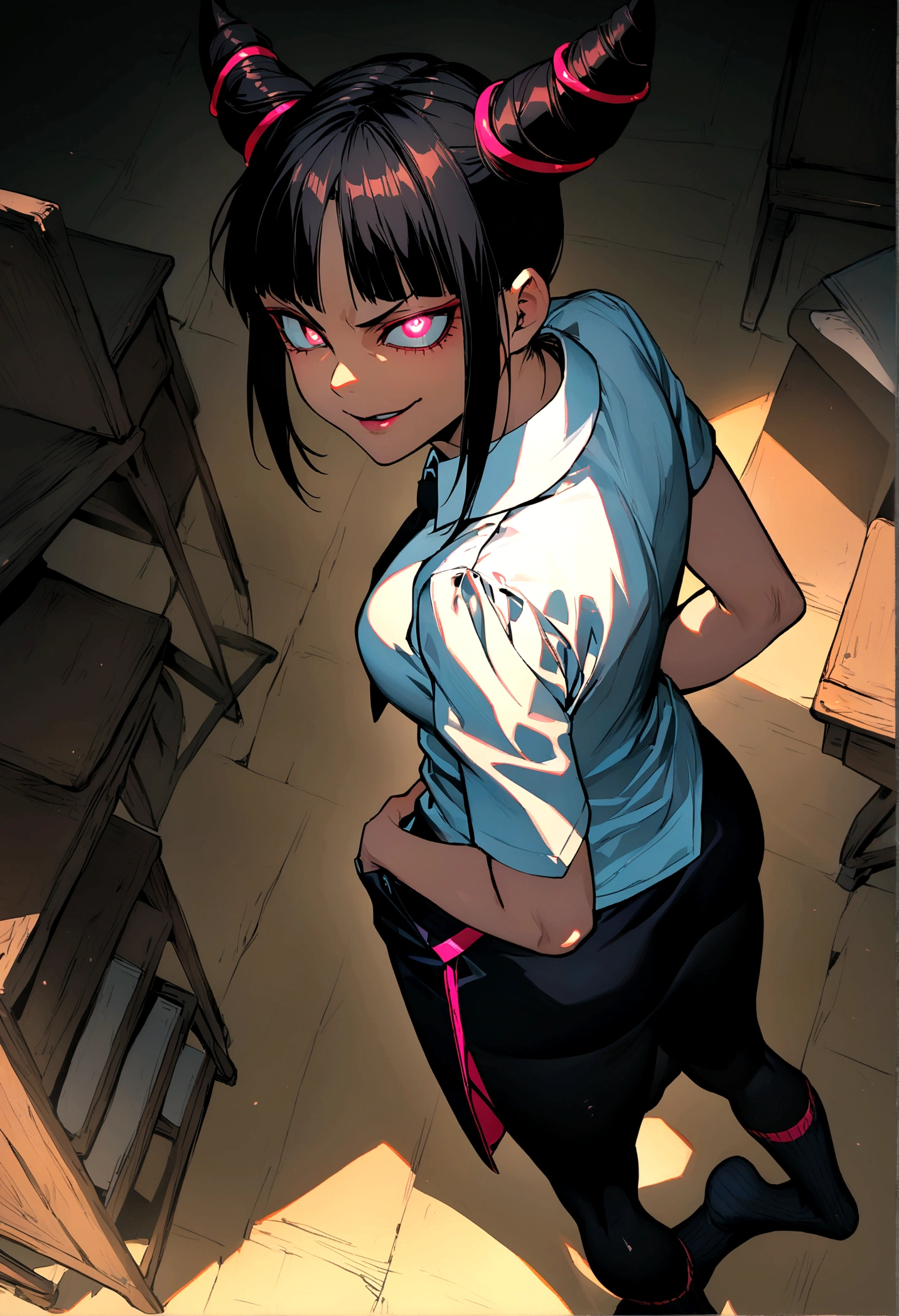 Juri Han, artwork, tight white secretary shirt with black tie, skirt short preta, skirt short,sock, Bblack hair, blackstockings,evil smile,DESK,bangs on the eyes,lighting,horn of hair,from above view,looking back,but in your pocket
