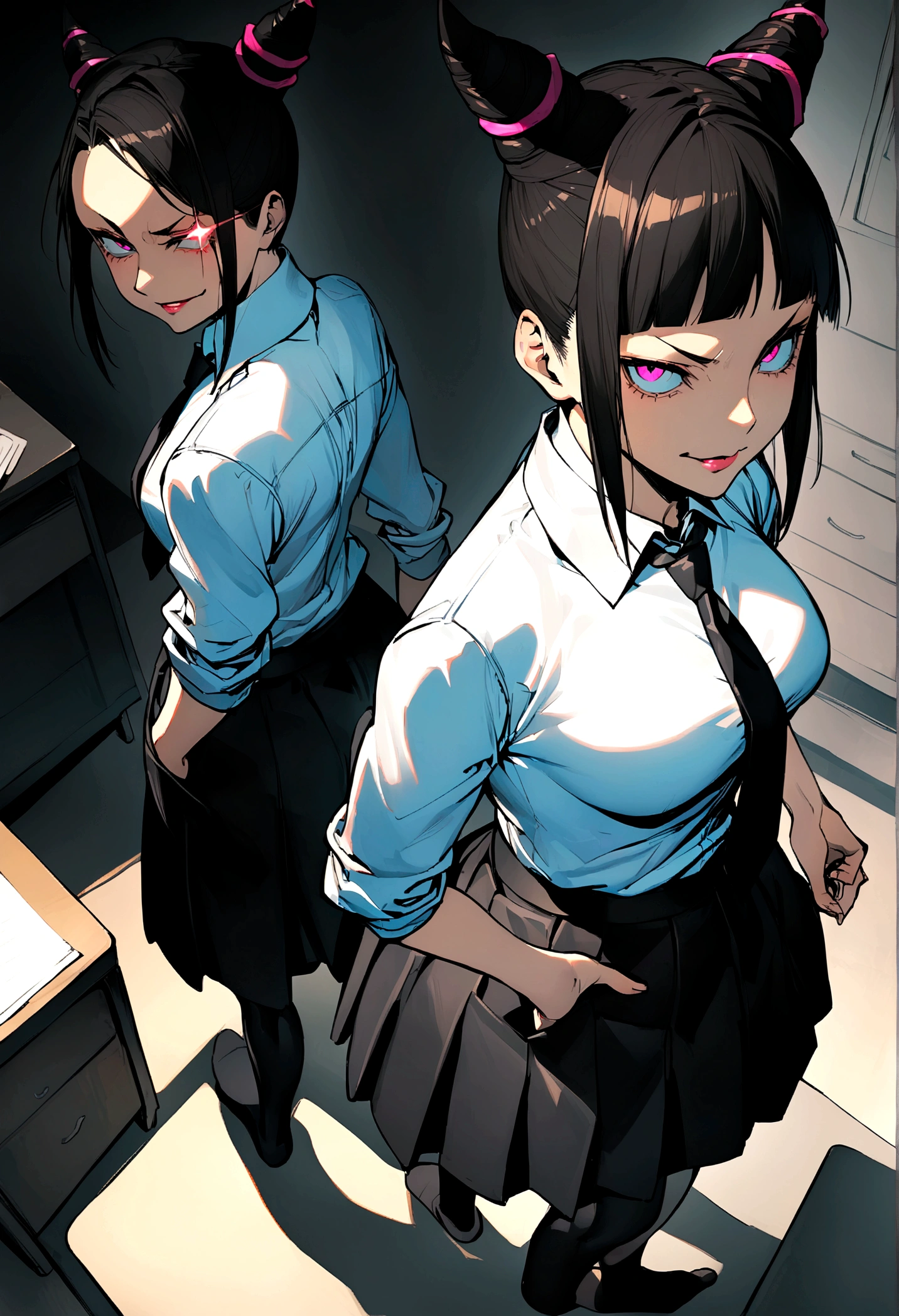 Juri Han, artwork, tight white secretary shirt with black tie, skirt short preta, skirt short,sock, Bblack hair, blackstockings,evil smile,DESK,bangs on the eyes,lighting,horn of hair,from above view,looking back,but in your pocket