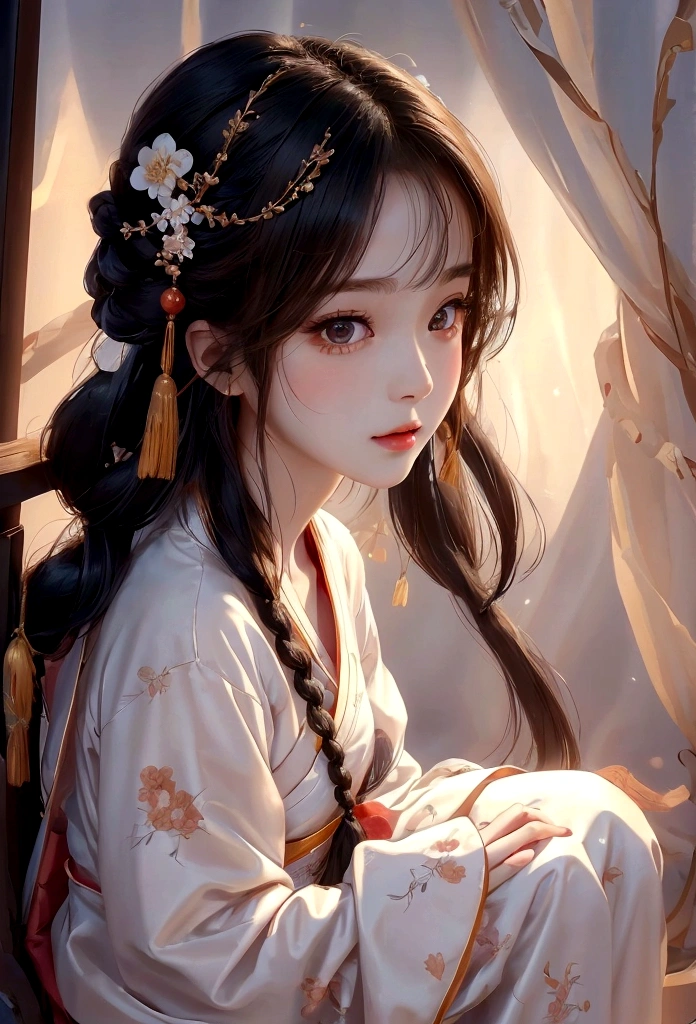Face close-up, Ultra-fine face,woman, Chinese style, Ancient Wind,Hanfu, Sitting pose, Long white hair, Delicate clothing patterns, Elegance, Gorgeous, Elegance, smile,Sky Sky, ribbon,Sense of brokenness, It is, Bubble, Double up braid, Hairline, Diagonal bangs, hair band, hair ornaments,Sparkling, Cinema Lighting, Hyper HD, High resolution, 最high quality, 8K, High detail, high quality, Super Detail, Anatomically correct, masterpiece, Accurate,plump,Landscape painting,screen、Thighs、Small breasts