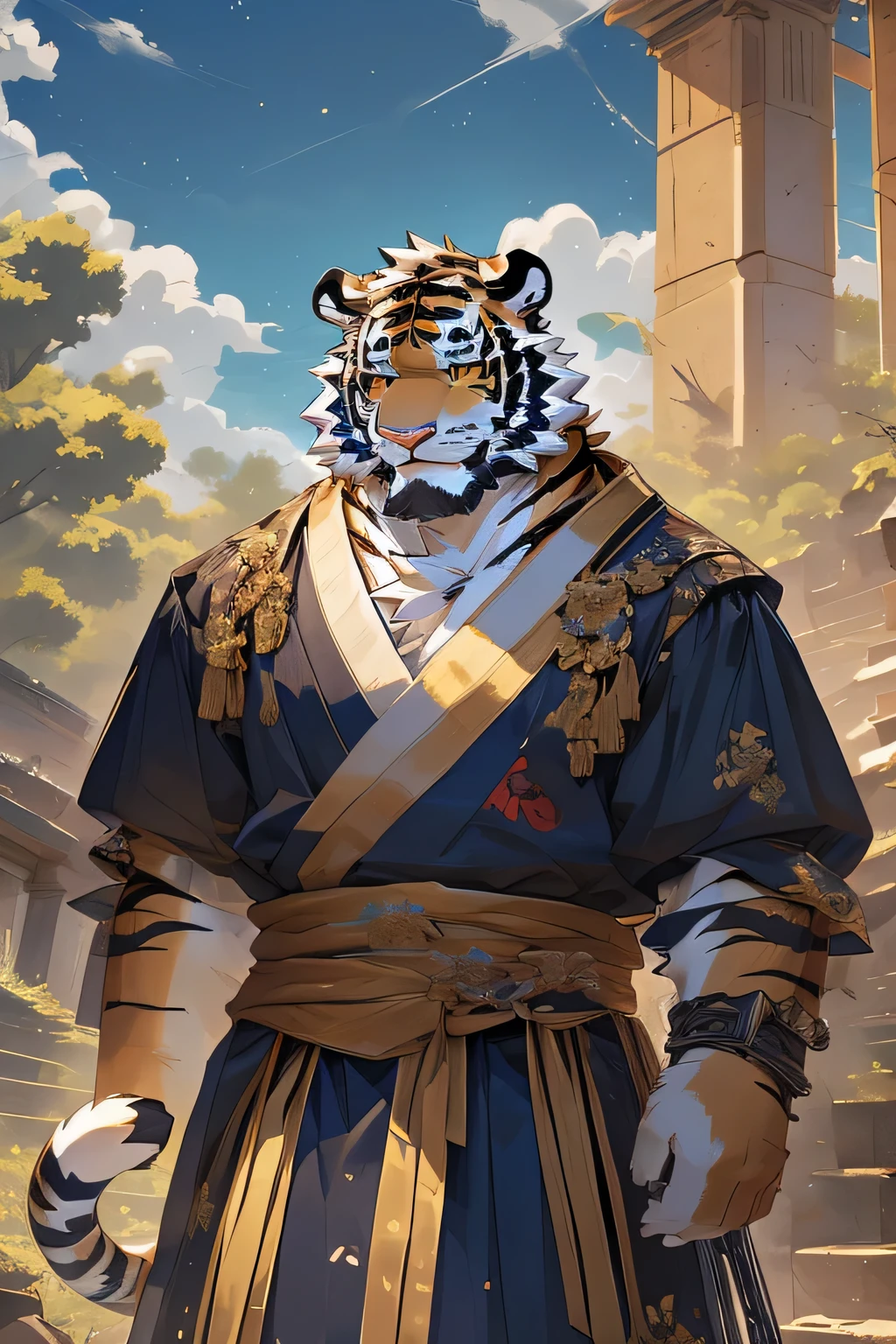 (masterpiece,best quality,Super detailed,Perfect anatomical structure),Detailed background,Empty,hairy,cannon, ,Clear focus,White tiger，By Empty Ghost, rest sunshine,external,campus, Solitary,Solitary ，male,male ,human nature,Cat,tiger,muscular,rest (White fur:1.5,White body:1.5),looking at the audience,Delicateeyes, Dressed,Casual clothing is acceptable when the weather is nice,Golden pupils