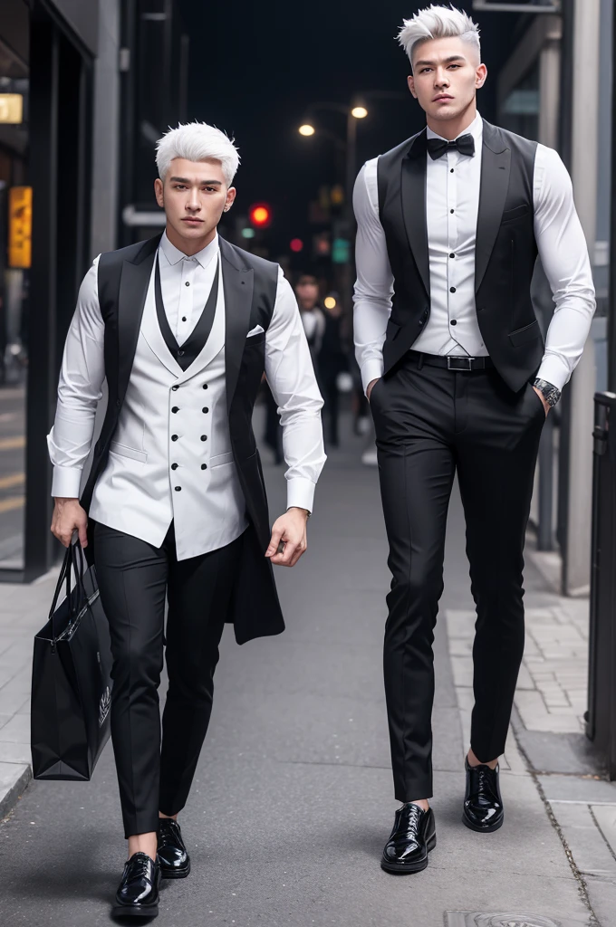 1 men, Wolf cut white hair, man with muscle, Social clothes, white dress shirt, black dress vest, black pants, black shoe