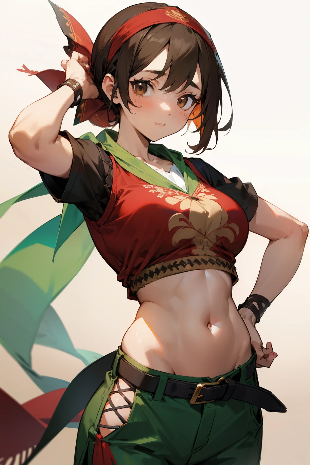 Cute girl, Shawl and headband, Brown eyes, Red short-sleeved shirt, Short green pants, big breasts, Decorations and embroidery on clothes, Black belt, exposed stomach