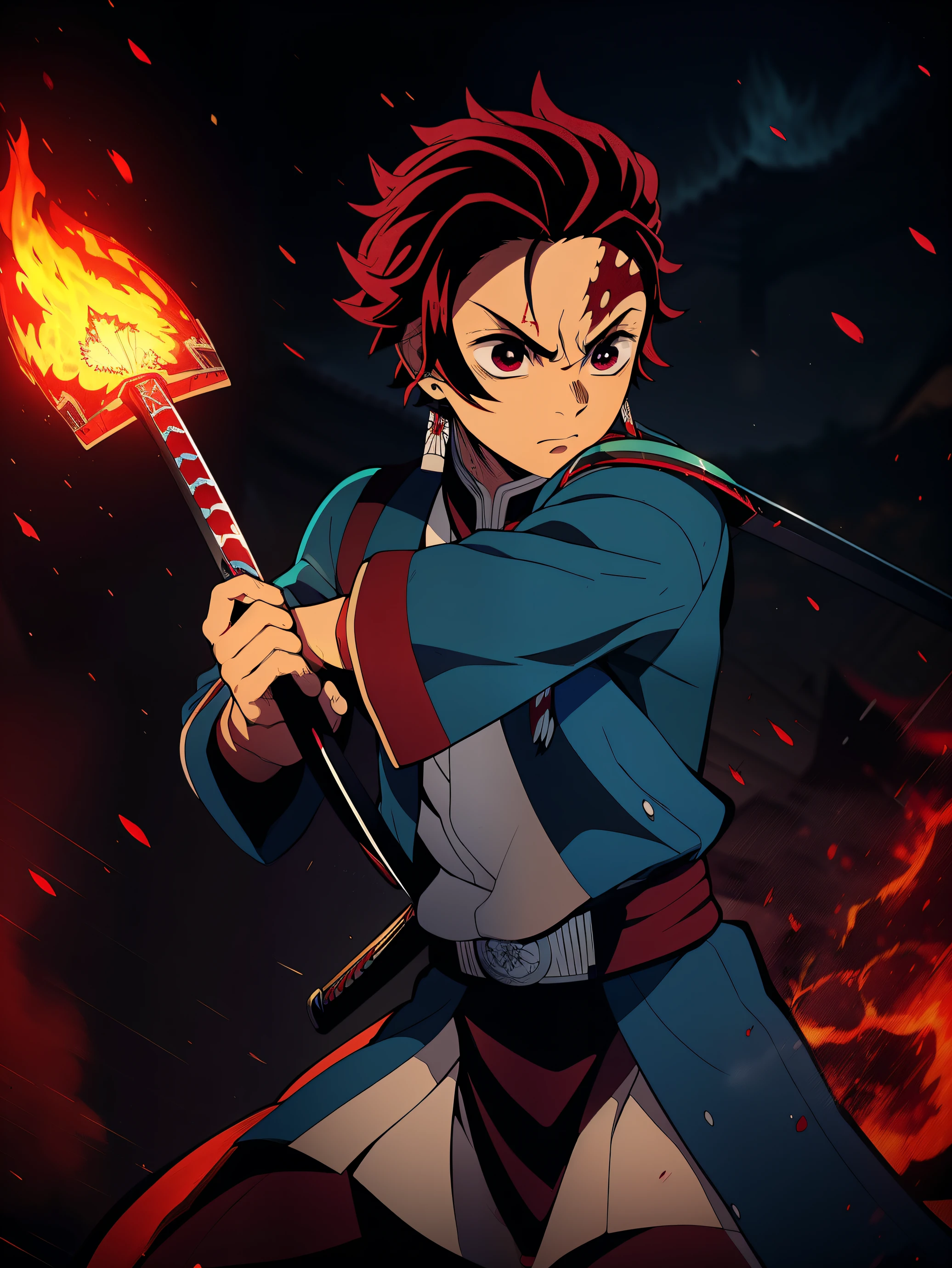 kamado tanjiro witha katana in his hand, flames and slashes of blue and red fire are all around, determinated face, ultra high quality picture, beautiful face