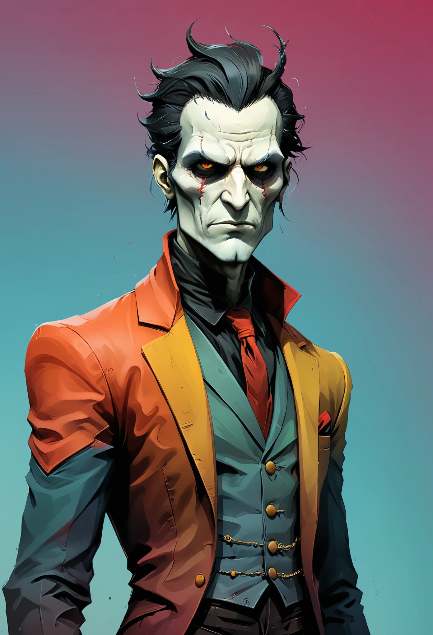 in style of Santiago Caruso, character concept design, half body,Minimalist style design background,(diffuse gradient background:1.5),colorful,