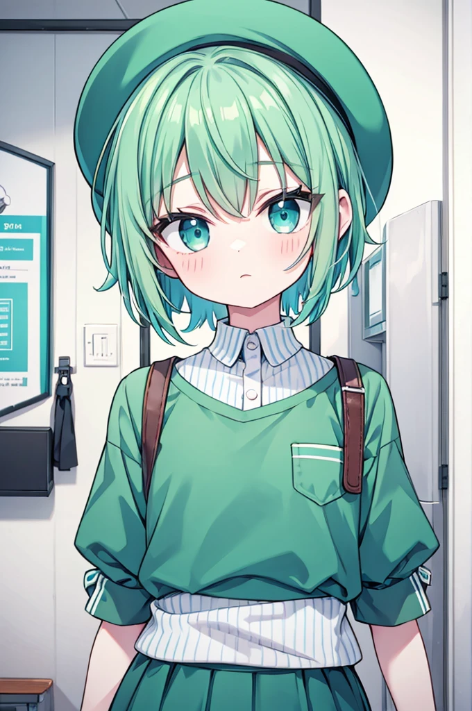 boyish　Green Hair　Blue clothes　White hat




