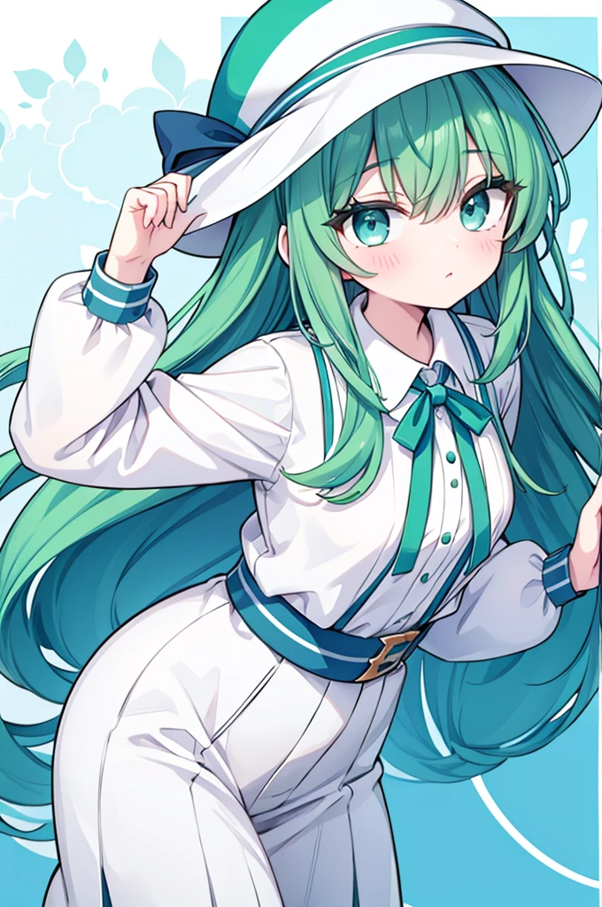 boyish Green Hair Blue clothes White hat
