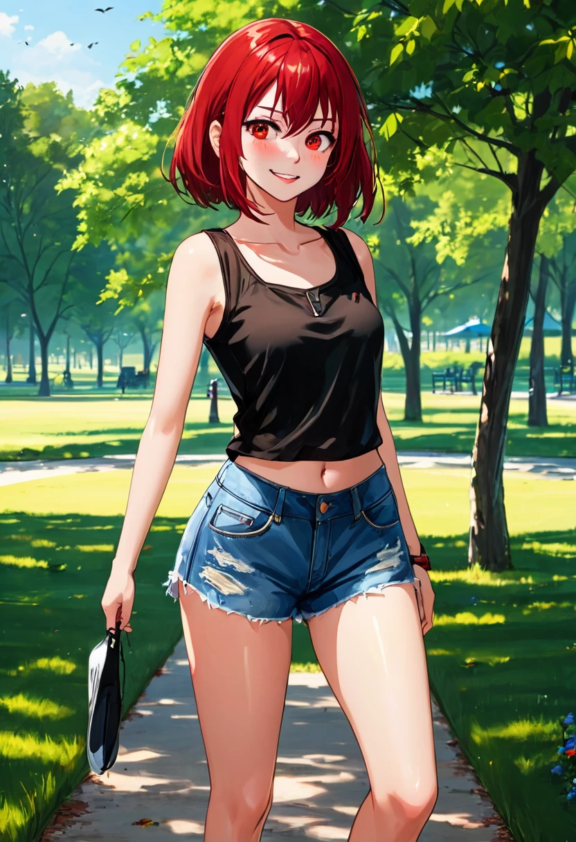 ((High Quality image 10k)) (( perfect autonomy)) Masterpiece, solo girl, brown eyes, red hair, wearing sleeveless black shirt, blue jean shorts, shorts are falling down, cute panties, sexy panties, evil smug grin, barefoot, Standing, in the park 