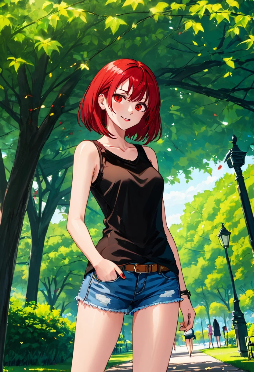 ((High Quality image 10k)) (( perfect autonomy)) Masterpiece, solo girl, brown eyes, red hair, wearing sleeveless black shirt, blue jean shorts, shorts are falling down, cute panties, sexy panties, evil smug grin, barefoot, Standing, in the park 