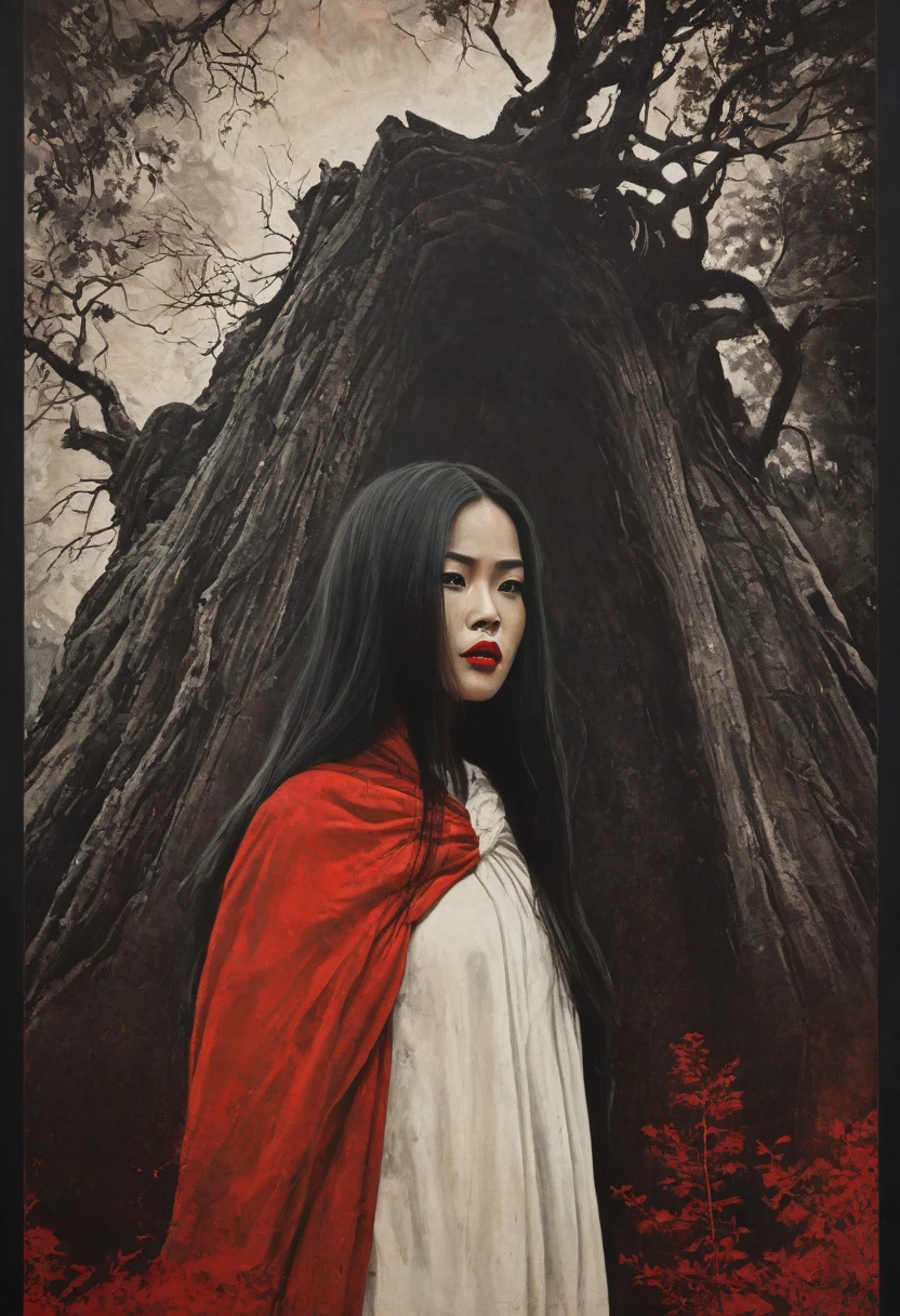 Dark Moody Atmosphere, dramatic, mysterious, dark moody atmosphere,,  vintage film poster illustration. A vintage movie poster of horror film featuring red and white colors, retro style with a black border around all edges. There is an young creepy, eerie, ugly face of Malay woman, long hair wearing a black long cloth, standing under a big tree and hold white stone. 
