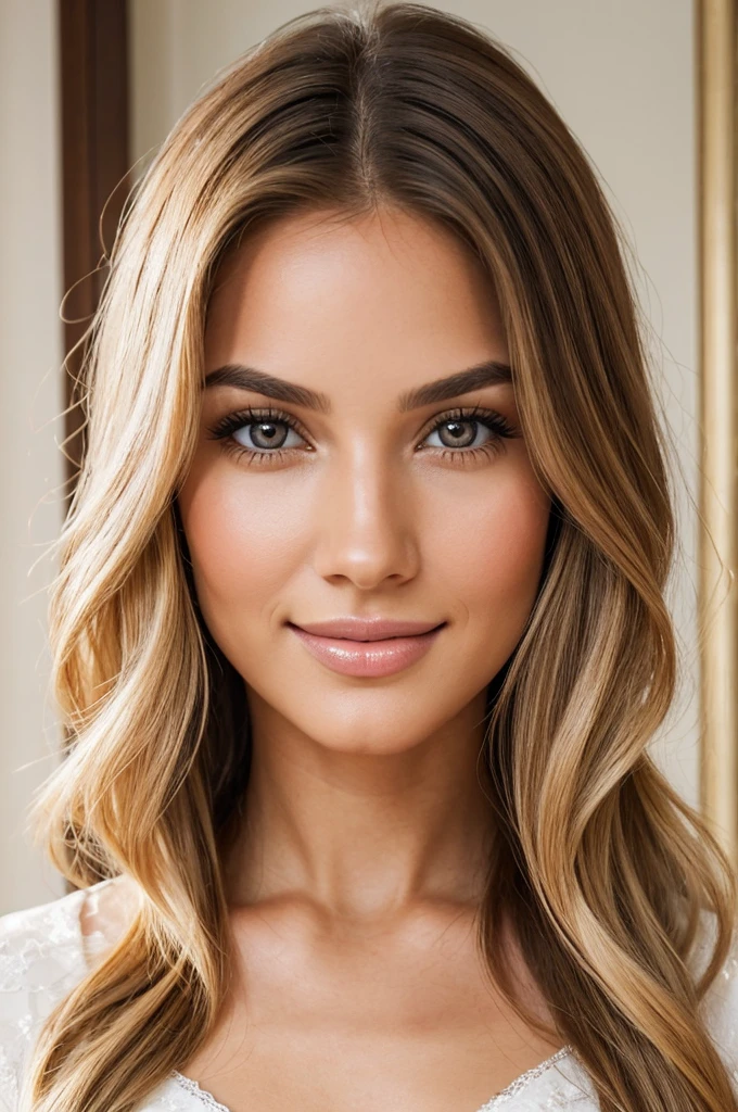 high resolution photo frontal portrait of a woman that has a radiant oval face with a striking and captivating appearance, radiating elegance and charm. A beautiful 29 year old woman with delicate and feminine facial features. Her long, wavy blonde hair frames her face in a charming way, while her warm honey brown eyes shine with intelligence and warmth and are framed by long, dark lashes and well-shaped eyebrows. Her facial features are perfectly balanced, with an elegant nose and softly defined cheekbones. Her cheekbones, her facial features are high and prominent, perfectly balanced, with softly small and elegantly defined cheekbones. Her smile is radiant and infectious, lighting up the room whenever she enters. Her full, naturally pink lips add a touch of seduction to her already captivating presence and often curve into a warm, friendly smile that reaches her eyes. Gabriela meticulously takes care of her appearance, maintaining clear, smooth and flawless skin with a golden tone that enhances her natural beauty and radiates a healthy glow. Her oval face is complemented by long, flowing blonde hair that cascades over her shoulders with a natural, healthy glow. Overall, Gabriela has a classic, timeless beauty with an approachable girl-next-door charm, style raw