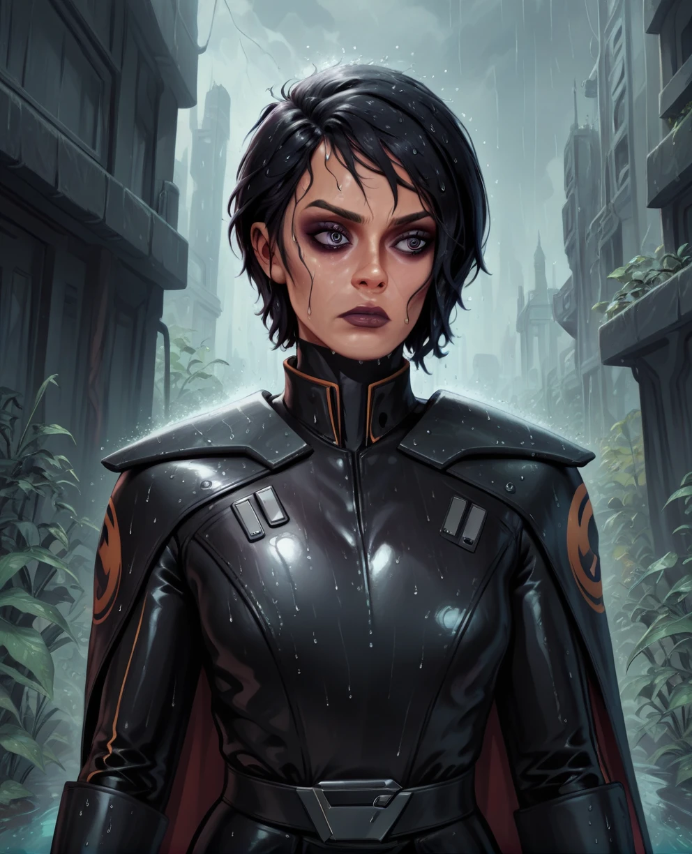 score_9,score_8_up,score_7_up,score_6_up, sabine wren ,,black hair, upper body, wet, armor,gloves,black bodysuit,black cape,belt,rain, science fiction,sith base, star wars, outdoors, rain, solo,fflixbag wearing armor sabine wren
