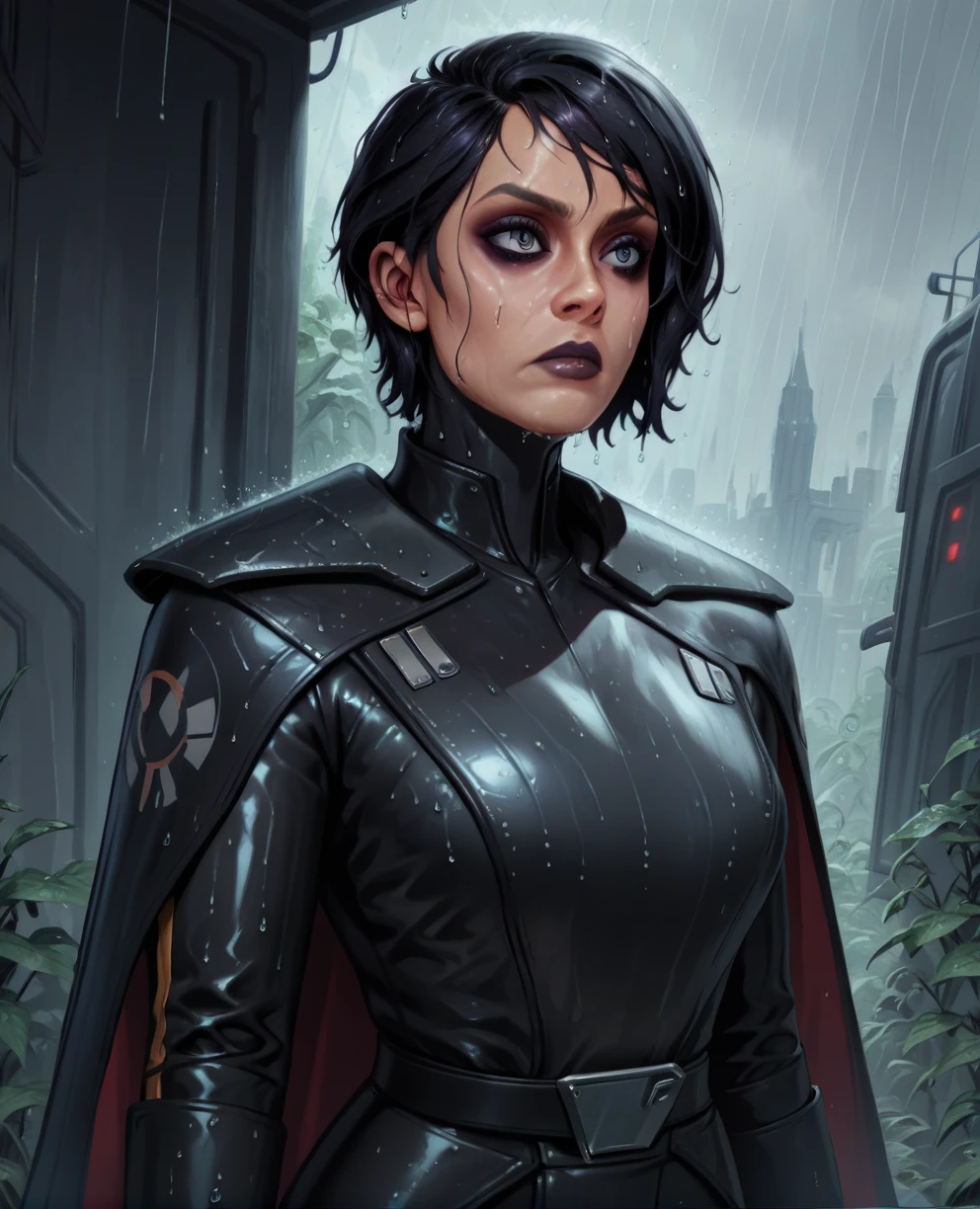 score_9,score_8_up,score_7_up,score_6_up, sabine wren ,,black hair, upper body, wet, armor,gloves,black bodysuit,black cape,belt,rain, science fiction,sith base, star wars, outdoors, rain, solo,fflixbag wearing armor sabine wren
