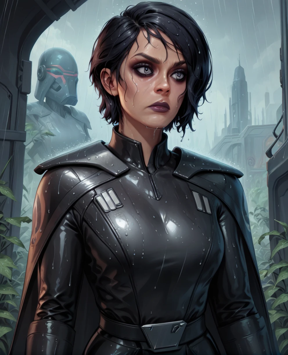 score_9,score_8_up,score_7_up,score_6_up, sabine wren ,,black hair, upper body, wet, armor,gloves,black bodysuit,black cape,belt,rain, science fiction,sith base, star wars, outdoors, rain, solo,fflixbag wearing armor sabine wren

