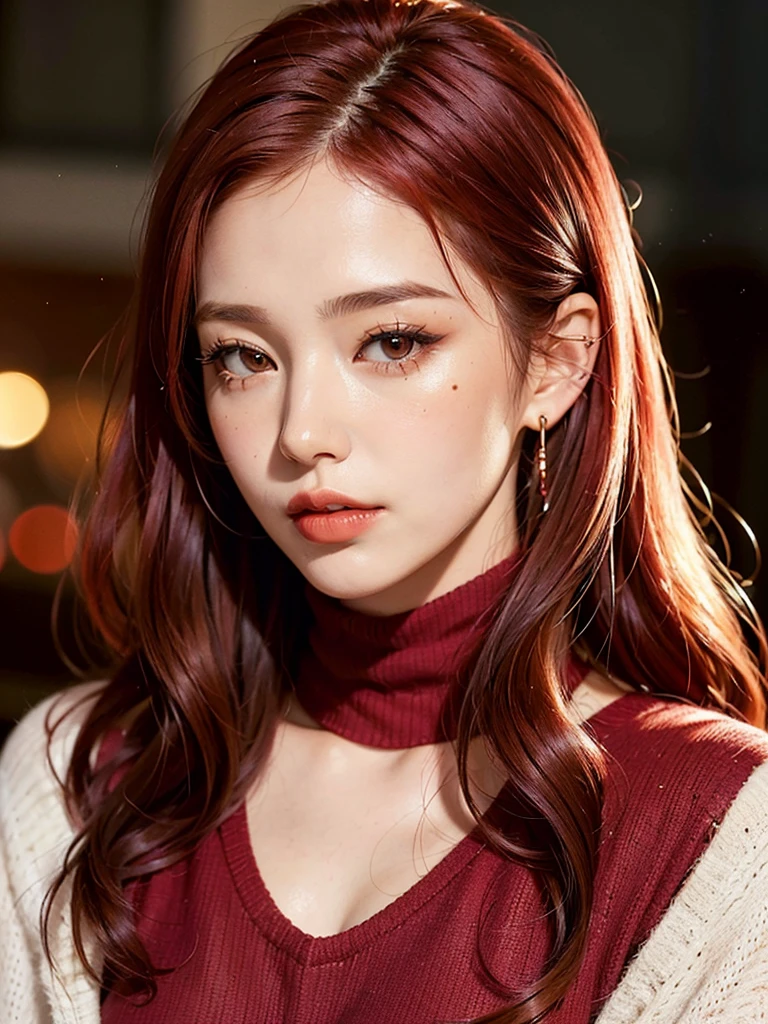  1girl, alone, solitary, high quality, (best quality,4k,8k,highres,masterpiece:1.2),ultra-detailed,(realistic,photorealistic,photo-realistic:1.37),gorgeous hair,bright red hair,long hair with bangs,sharp eyes,mole under the eye,plump lips,jewelry,(high detailed skin:1.4),(rim lighting:1.3),(lit:1.3),(sunny day:1.3),portrait,beautiful lips,waist-length hair,seductive gaze,moles,casual clothes,colorful clothing,close up,super long hair,choker necklace,bangs,fringe,dimples on the cheeks,dimples,red hair,rubyredhair,ruby red hair,black,red lips,red lipstick,round lips,round pouty lips,pouty lips,douyin makeup,sparkly makeup,blue,green,pink,purple,wine red,piercings,gems,lipstick,lip gloss,navel piercing, girl,innocent,red hair,dyed hair,cherry red hair,cherry red,cherry hair,redhead,youthful,modest,covered cleavage,delicate,pretty girl,close up,closeup,20 years old,modest,pretty blouse,neon red hair,bright red hair,redhair,sweater,turtle neck,sweatshirt,shirt,hairstyle,modest clothing