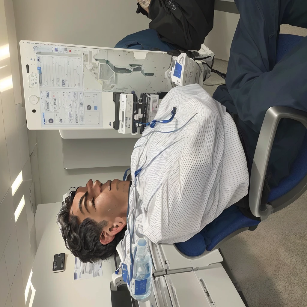 A man is sitting on a chair with his head resting on his hands, Place it on your chest, Taking a break from a tough day, sitting at the lab bench, with an iv drip, Resting after a hard fight, background, Filmed in the early 2020s, Uploaded, Taken with iPhone 1 3 Pro, taken on iphone 14 pro