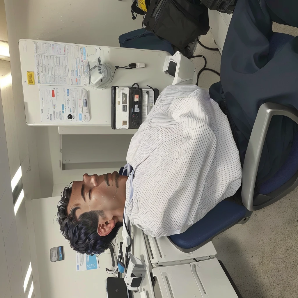 A man is sitting on a chair with his head resting on his hands, Place it on your chest, Taking a break from a tough day, sitting at the lab bench, with an iv drip, Resting after a hard fight, background, Filmed in the early 2020s, Uploaded, Taken with iPhone 1 3 Pro, taken on iphone 14 pro