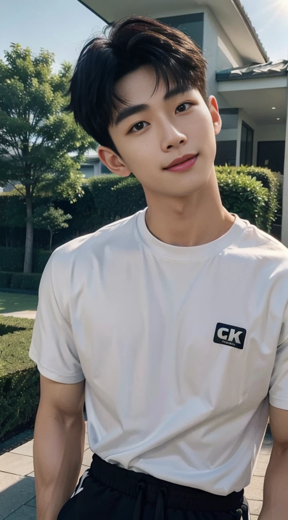 (As a matter of fact, Masterpiece, 8k HD, good light quality, sportswear, fit the face, complicated details), A handsome, muscular young Korean man. , 20 years old, be happy, smile brightly, detailed face, delicate eyes, มองดูsky, Wear a tight black t-shirt.:1.6, period, black eyes, Black hair color, ผมsmooth, smooth, outdoor sports, Along the garden, Sunny,sky，Surreal，Awesome details，Highest quality，real，Open your mouth to talk.