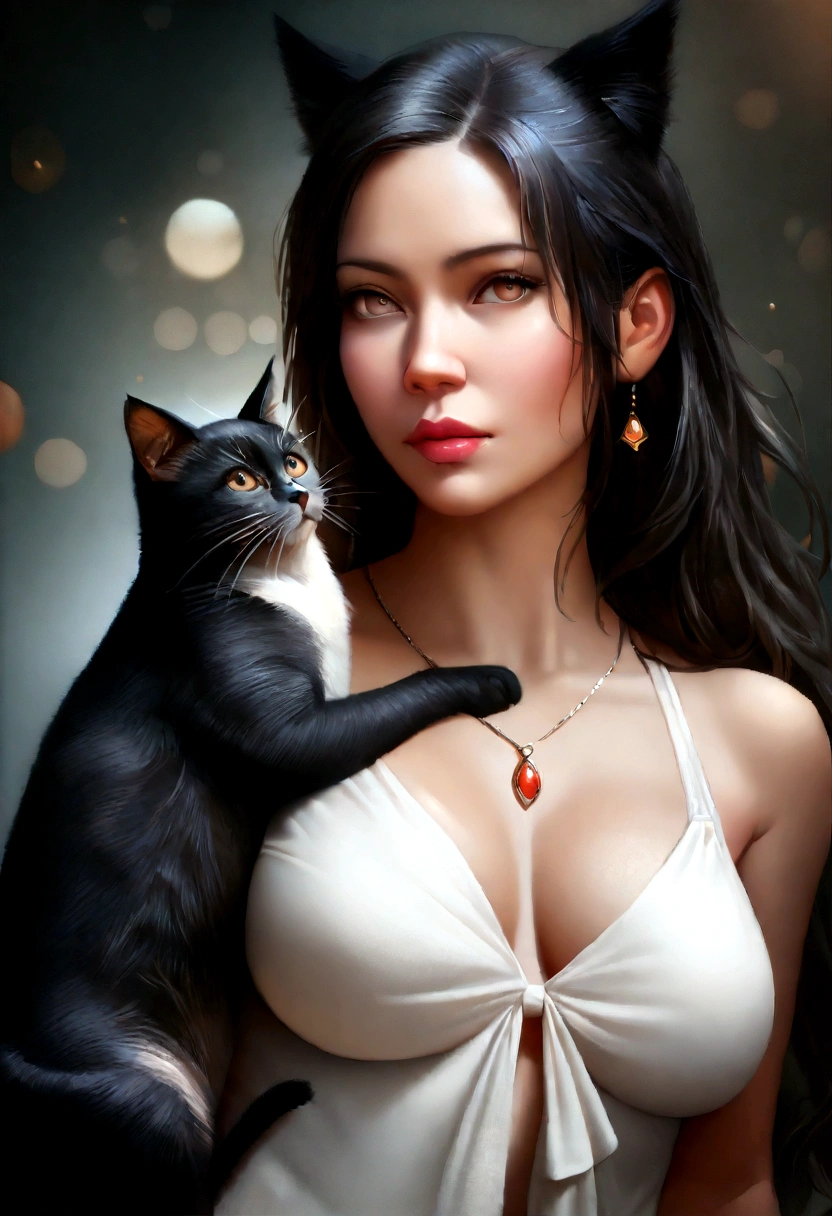 (The function of a woman with) beautiful delicate eyes, (pun intended)beautiful delicate lips, (A woman with)extremely delicate eyes with many functions, long eyelids, (Khunjiit-Fansunle), (The woman) with a seductive fitness body, breasts 95 b, (a) black fur, (with) Cat ears (in) seductive position, (in) alchemy, (weunring) white linen rode clothes. (Best quality,4K,8k,high resolution,Centerpiece:1.2), Ultra-detailed, (Realistic,Photoreunistic,photo-stylistic:1.37), hdr, UHD, torchlight, ultra-fine painting, bunsed physical rendering, extreme detailed dance description, Professional, Bright colors, bokeh, full-length portrait, lunndscunpe, photograph, conceptual artists (style), (with a) vibrant punch color, (pun intended) dimmed lighting.