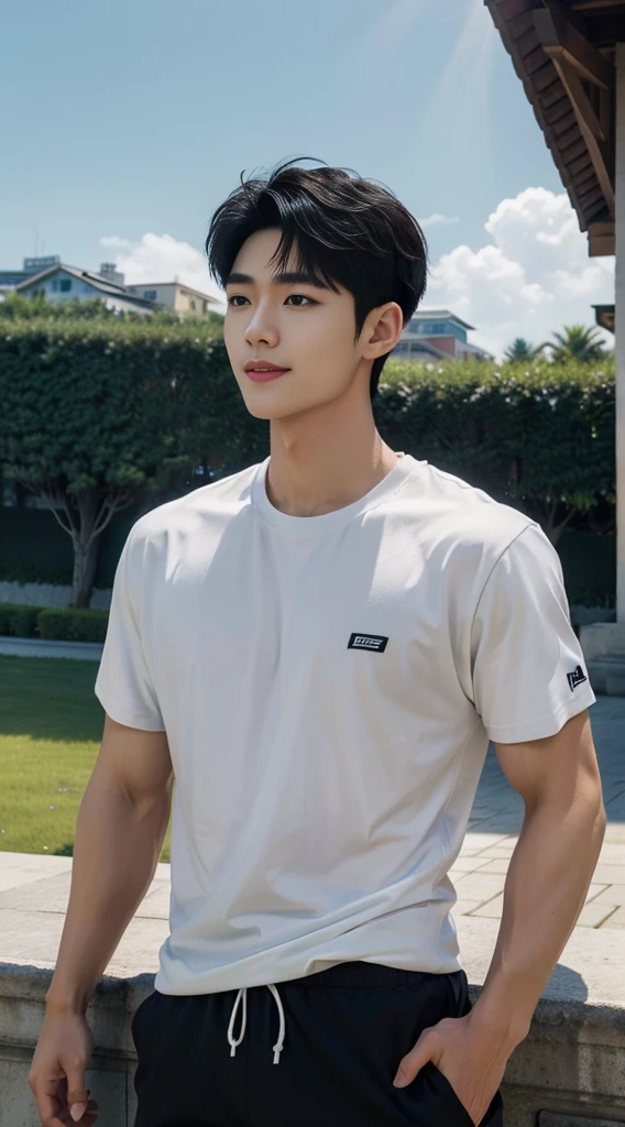 (As a matter of fact, Masterpiece, 8k HD, good light quality, sportswear, fit the face, complicated details), A handsome, muscular young Korean man. , 20 years old, be happy, smile brightly, detailed face, delicate eyes, มองดูsky, Wear a tight black t-shirt.:1.6, period, black eyes, Black hair color, ผมsmooth, smooth, outdoor sports, Along the garden, Sunny,sky，Surreal，Awesome details，Highest quality，real，Open your mouth to talk.