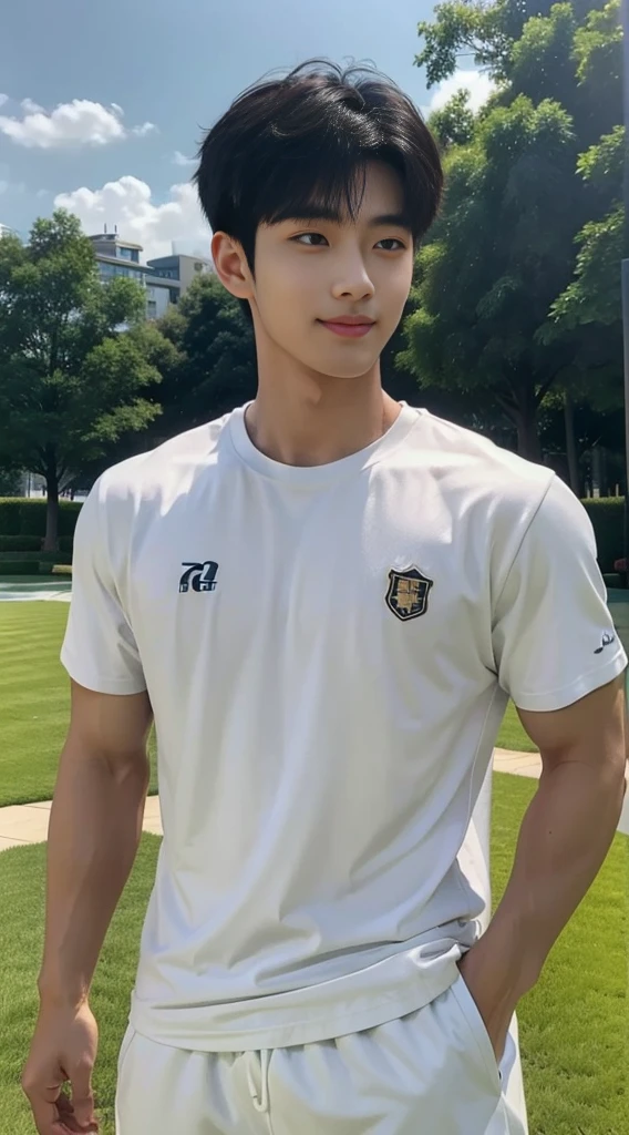 (As a matter of fact, Masterpiece, 8k HD, good light quality, sportswear, fit the face, complicated details), A handsome, muscular young Korean man. , 20 years old, be happy, smile brightly, detailed face, delicate eyes, มองดูsky, Wear a tight black t-shirt.:1.6, period, black eyes, Black hair color, ผมsmooth, smooth, outdoor sports, Along the garden, Sunny,sky,Surreal,Awesome details,Highest quality,real,Open your mouth to talk.