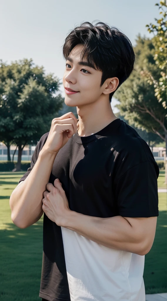 (As a matter of fact, Masterpiece, 8k HD, good light quality, sportswear, fit the face, complicated details), A handsome, muscular young Korean man. , 20 years old, be happy, smile brightly, detailed face, delicate eyes, มองดูsky, Wear a tight black t-shirt.:1.6, period, black eyes, Black hair color, ผมsmooth, smooth, outdoor sports, Along the garden, Sunny,sky,Surreal,Awesome details,Highest quality,real,Open your mouth to talk.