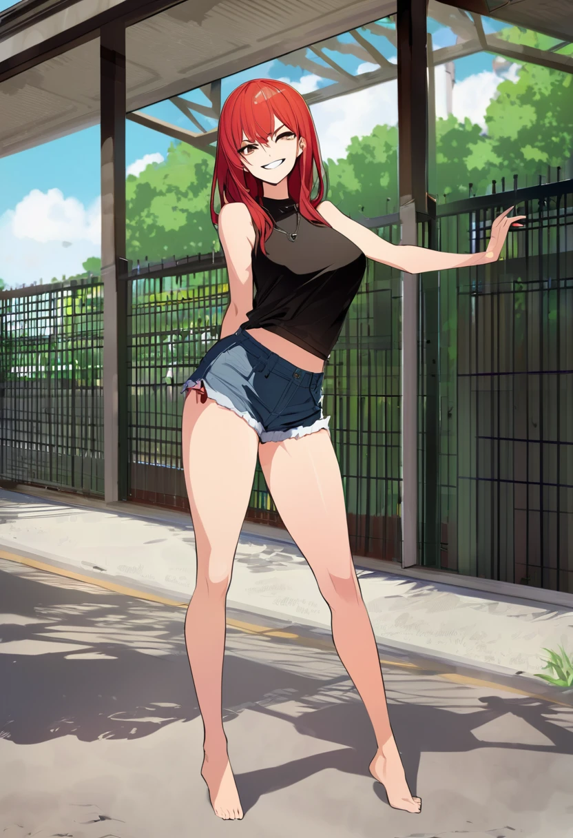 ((High Quality image 10k)) (( perfect autonomy)) Masterpiece, solo girl, brown eyes, red hair, wearing sleeveless black shirt, blue jean shorts, shorts are falling down, cute panties, sexy panties, evil smug grin, barefoot, Standing, in the park 