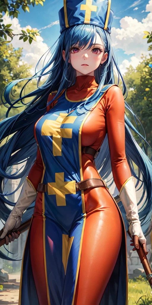 (masterpiece, best quality:1.1), priest \(dq3\), 1girl, solo, long hair, blue hair, red eyes, mitre, tabard, cross print, orange bodysuit, elbow gloves, large breasts, holding, staff, nature, blue sky, cowboy shot,