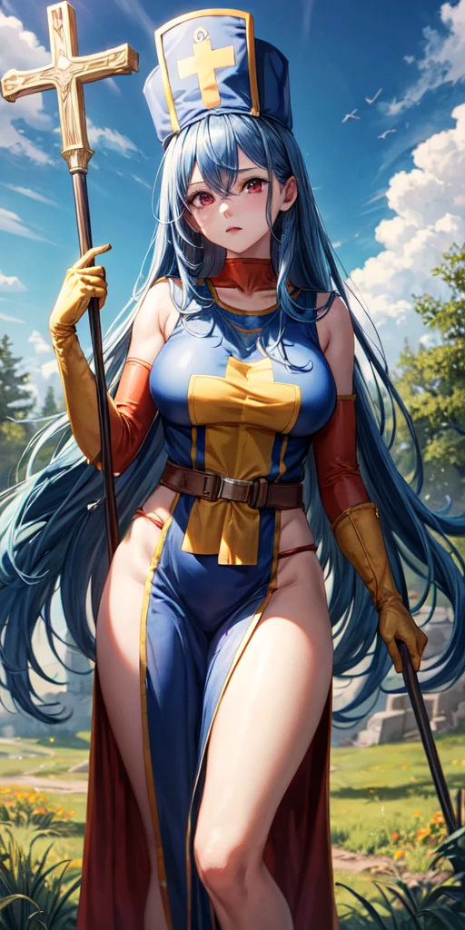 (masterpiece, best quality:1.1), priest \(dq3\), 1girl, solo, long hair, blue hair, red eyes, mitre, tabard, cross print, orange bodysuit, elbow gloves, large breasts, holding, staff, nature, blue sky, cowboy shot, 