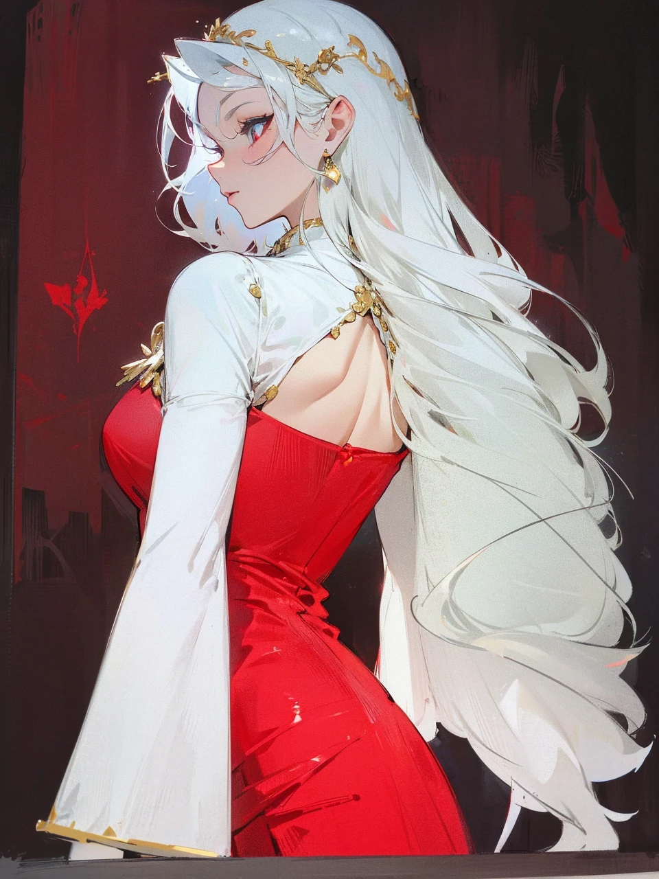 Add in roses to her dress, a good back dress design with some golden jewelry, make her dress into a red and white gown with a hat, give her some unique Jewelry, and make her look somewhat of a demonic angel like appearance to her