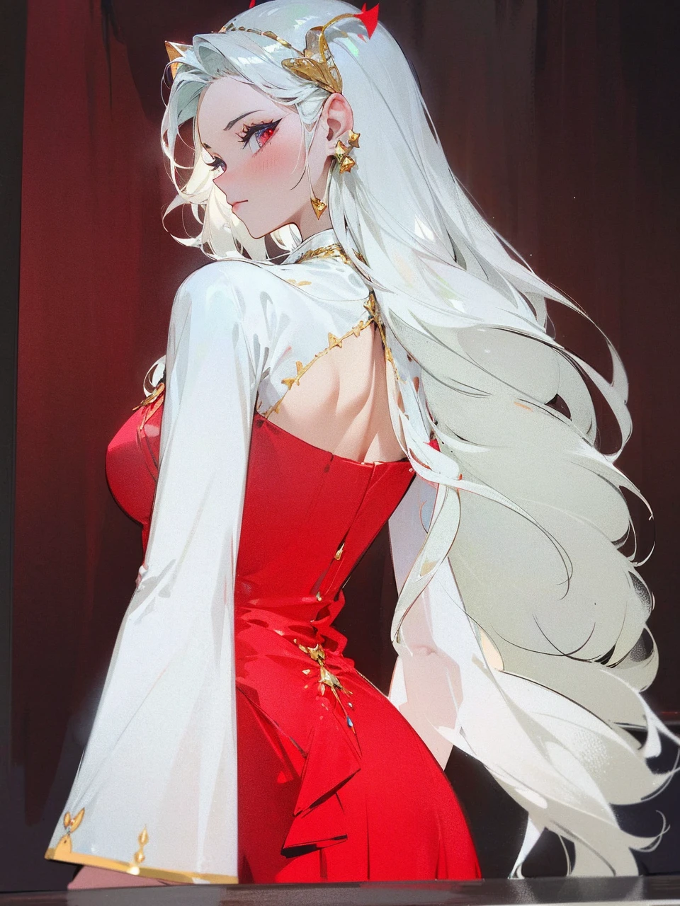 Add in roses to her dress, a good back dress design with some golden jewelry, make her dress into a red and white gown with a hat, give her some unique Jewelry, and make her look somewhat of a demonic angel like appearance to her