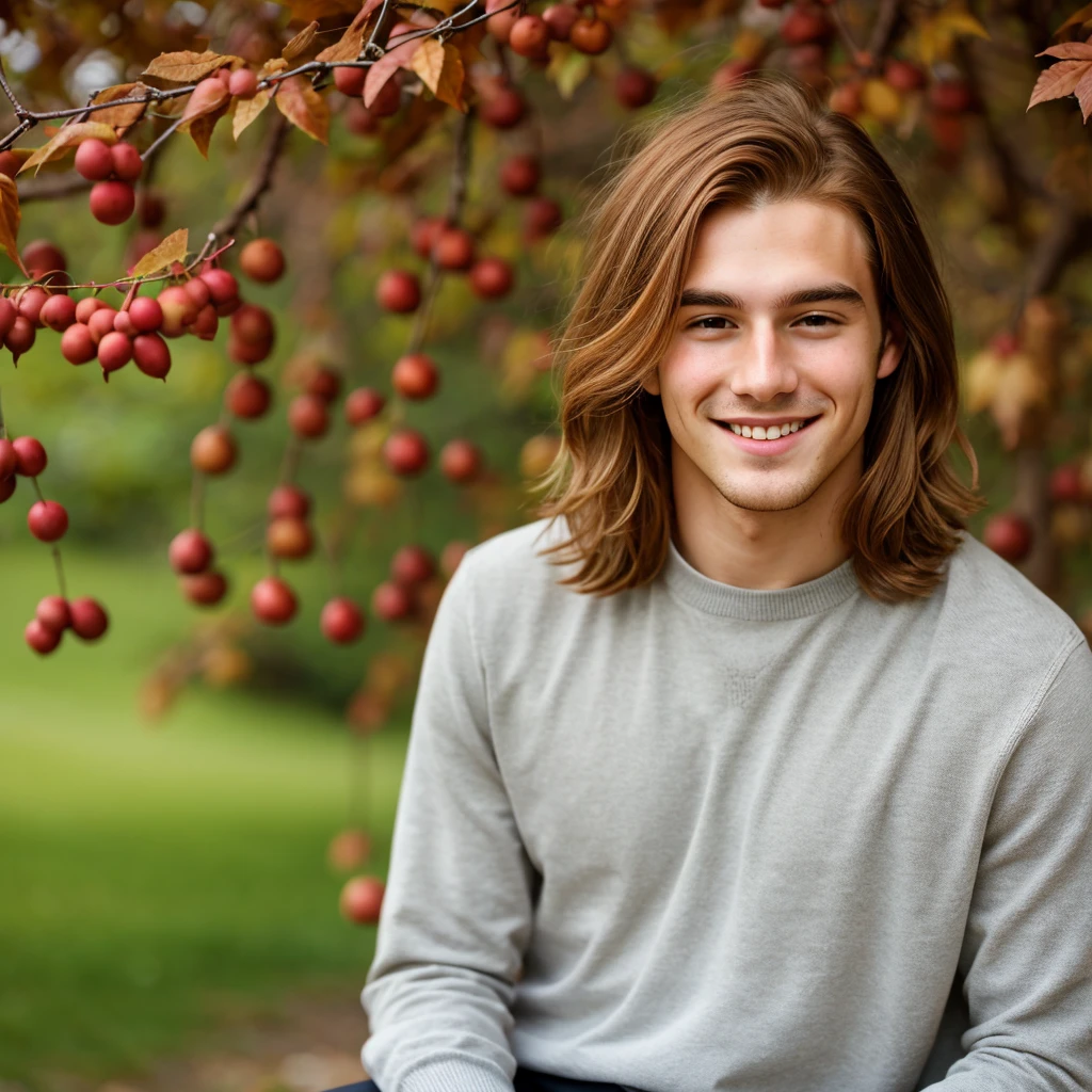 a young man, chestnut hair, calm smile