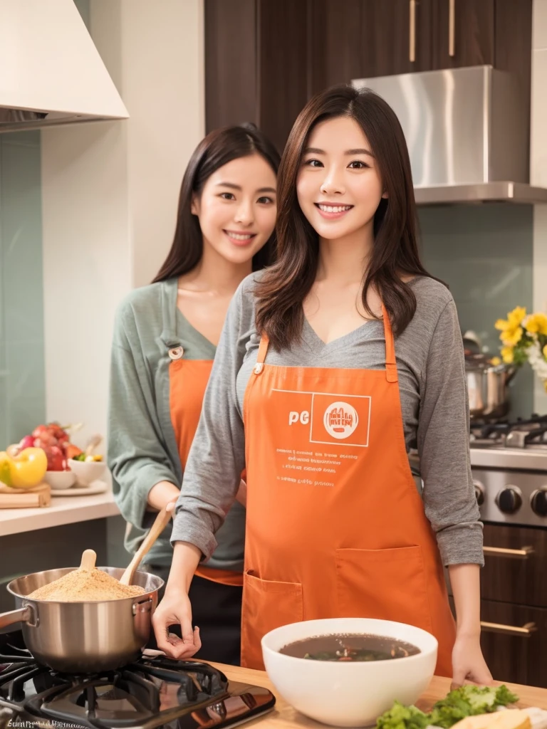 Two different gentle and virtuous China、Singapore、Beautiful woman in Japan，They are both pregnant.，Super Beauty、One is short hair、One has long hair，They both endorse a product to prevent oil smoke，The two of them took a photo together standing next to the range hood in the kitchen，The range hood is extracting smoke，Wear an orange apron with a logo，The logo of the apron is the eye-catching Chinese character &quot;小丌&quot;，Wear a V-neck long-sleeved T-shirt inside，Holding up the spatula，Gas stove cooking，Beautiful woman showing charming smile、White Teeth，Make women and men look like they like them very much，In line with Chinese aesthetics、Big breasts、Double eyelids，Focus、Ultra high definition，Proportionate body，Fair skin，Perfect shape of every body part，Elegant posture、Requires perfection in work、No flaws，