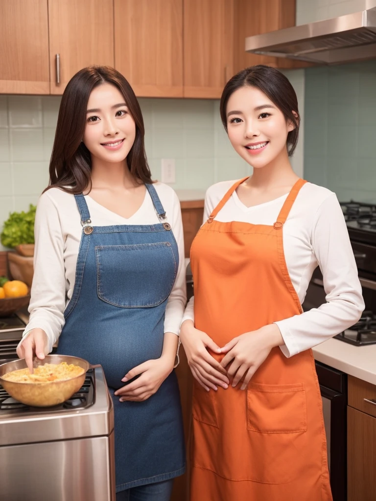 Two different gentle and virtuous China、Singapore、Beautiful woman in Japan,They are both pregnant.,Super Beauty、One is short hair、One has long hair,They both endorse a product to prevent oil smoke,The two of them took a photo together standing next to the range hood in the kitchen,The range hood is extracting smoke,Wear an orange apron with a logo,The logo of the apron is the eye-catching Chinese character "小丌",Wear a V-neck long-sleeved T-shirt inside,Holding up the spatula,Gas stove cooking,Beautiful woman showing charming smile、White Teeth,Make women and men look like they like them very much,In line with Chinese aesthetics、Big breasts、Double eyelids,Focus、Ultra high definition,Proportionate body,Fair skin,Perfect shape of every body part,Elegant posture、Requires perfection in work、No flaws,