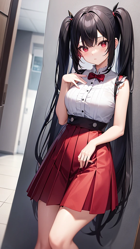 Anime girl in a pleated yoke skirt, with red and black clothes, white and black hair, Twin-Tail, with beautiful inscriptions in the wall, 2D wallpapers.