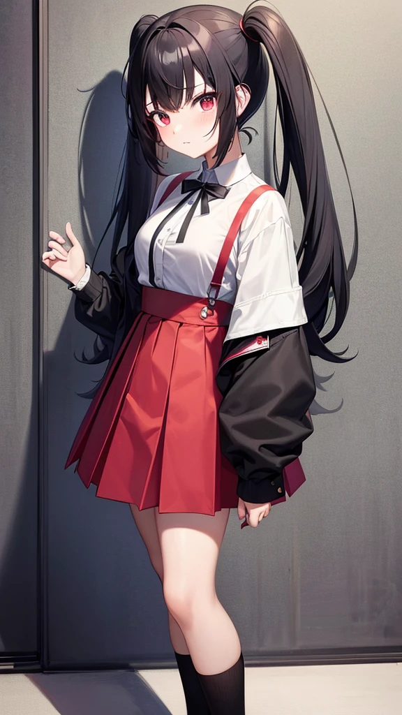 Anime girl in a pleated yoke skirt, with red and black clothes, white and black hair, Twin-Tail, with beautiful inscriptions in the wall, 2D wallpapers.