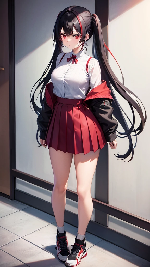 Anime girl in a pleated yoke skirt, with red and black clothes, white and black hair, Twin-Tail, with beautiful inscriptions in the wall, 2D wallpapers.