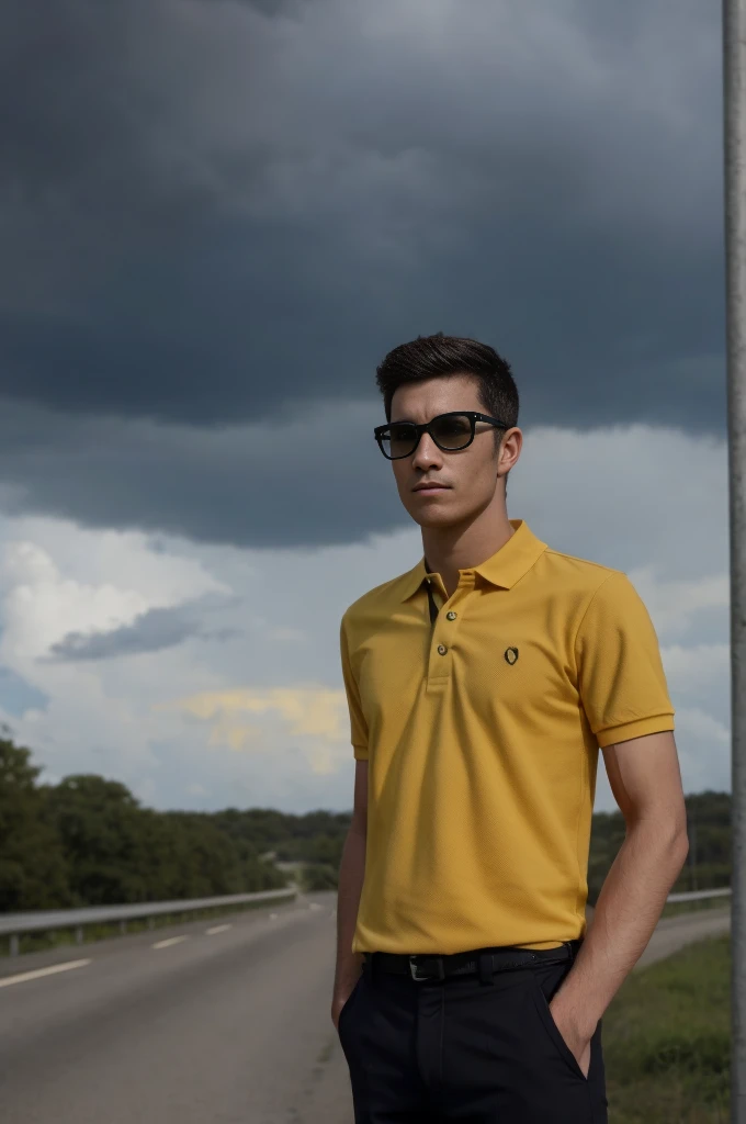 A young man in a yellow polo shirt stood on the side of the road with a serious expression., looking into the distance Turn your head slightly.，Cloudy day