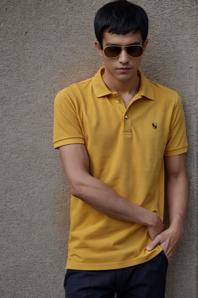 A young man in a yellow polo shirt stood on the side of the road with a serious expression., looking into the distance Turn your head slightly.，Cloudy day