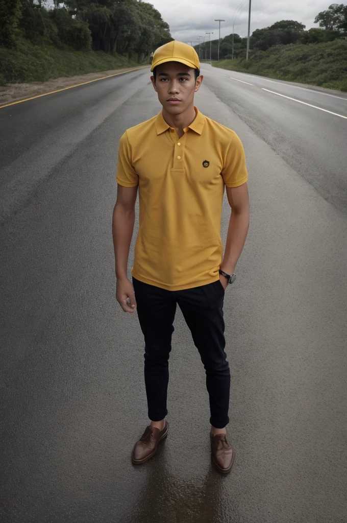 A young man in a yellow polo shirt stood on the side of the road with a serious expression., looking into the distance Turn your head slightly.，Cloudy day