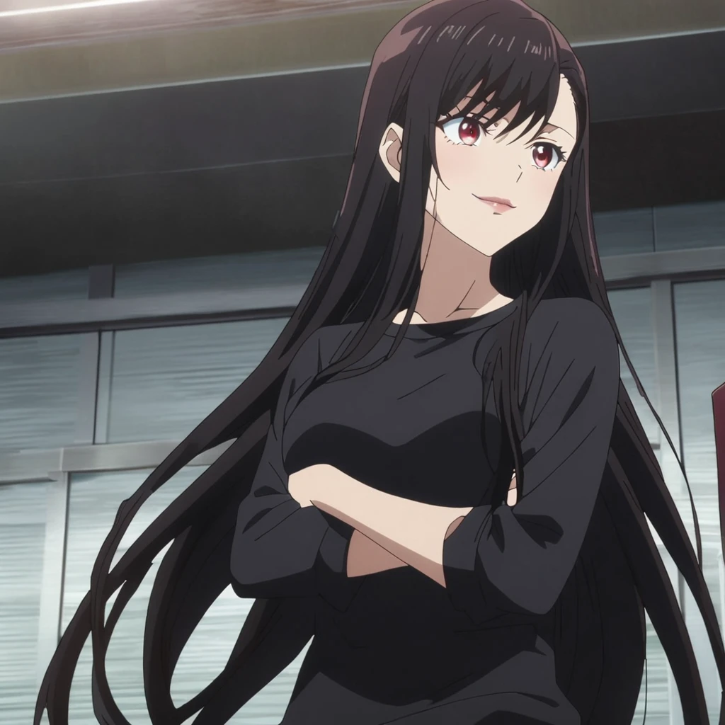 1girl, anime screencap from jujutsu kaisen, solo, very long_hair, ((smooth texture hair)) red eyes, ((very long black_hair)), breasts, upper_body, smile, indoors, book, red_eyes, lips, (( very long hair, swept bangs)) wearing black color sweater, breast, "very detailed and high resolution" (red eyes) ((cross arms))  ((smooth texture hair)) ((solo)) ((high resolution)) (Good quality) 